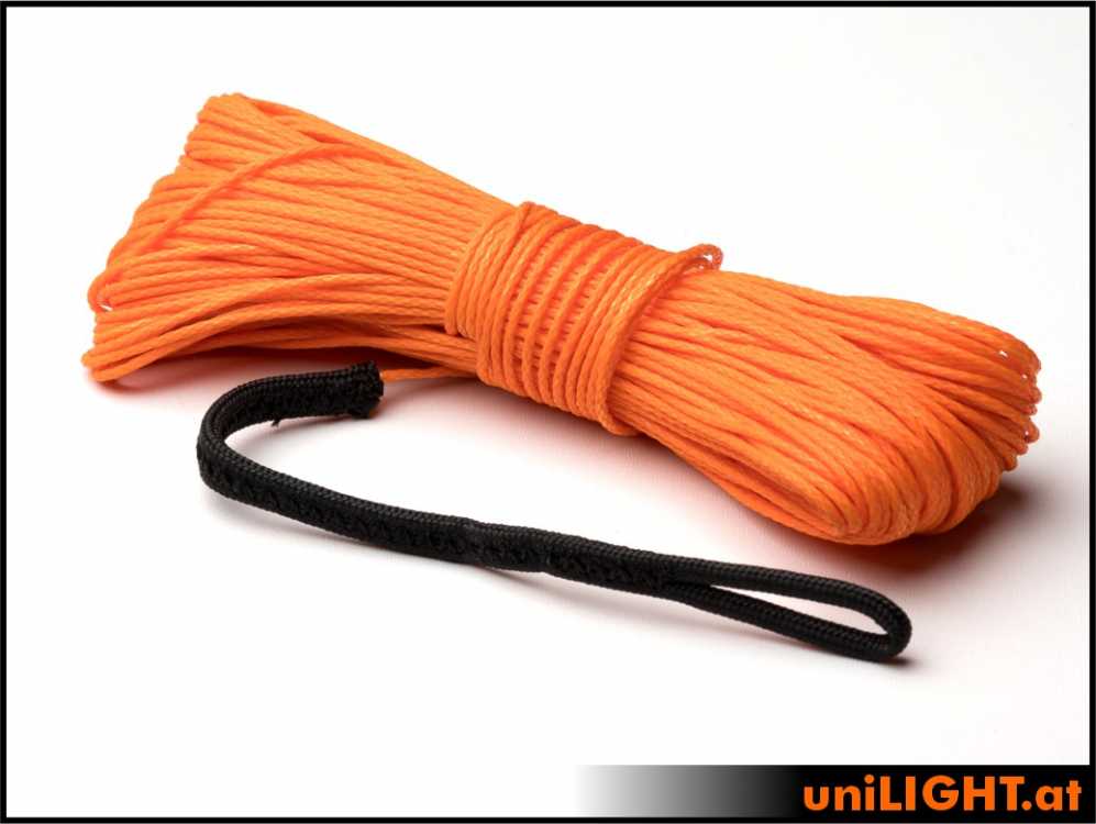 Winch rope 1.0mm, 160daN tear strength, ORANGE, 30m, sewn on one side